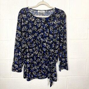 Kasper Top Faux Wrap Blue & Black Floral Stretch Office Vibrant Colorful Size 2X